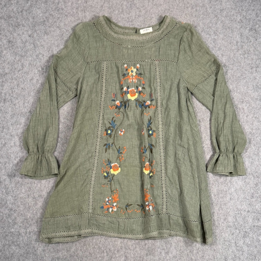 Umgee Green Floral Embroidered Long‎ Sleeve Mini Dress Women's Size Medium